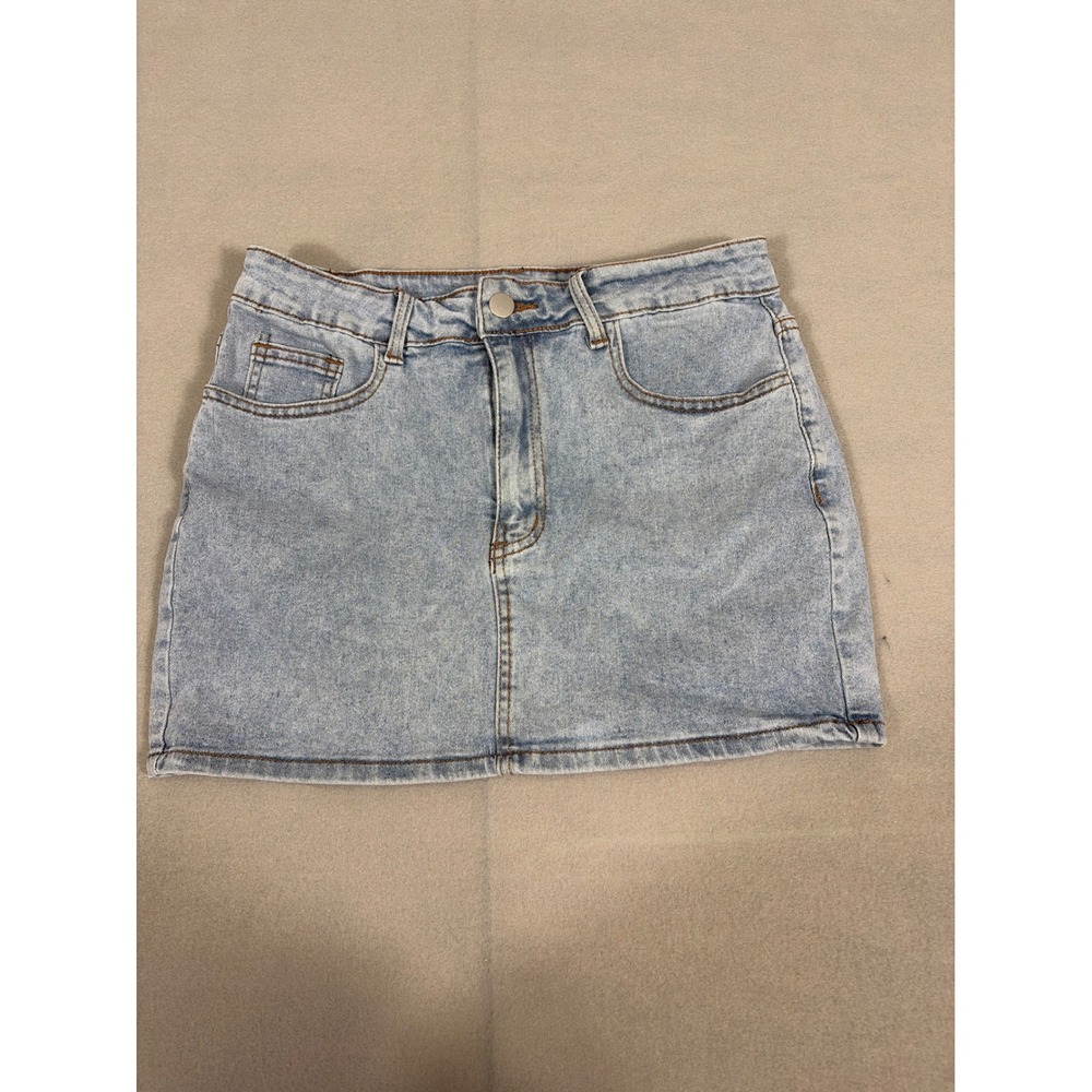 SHEIN Girls Light‎ Wash Denim Mini Skirt Pink Ribbon Bow Back Coquette Size L 10